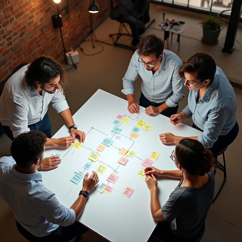 Overhead view of a team mapping buyer journey stages on a whiteboard with sticky notes