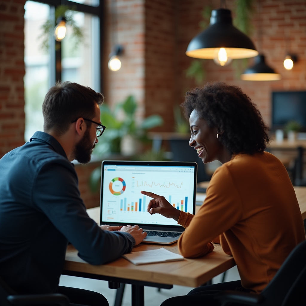 Marketing team reviewing a content performance dashboard on a laptop in a modern office