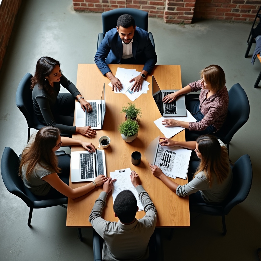 Overhead view of a diverse team collaborating around a table covered in content strategy notes